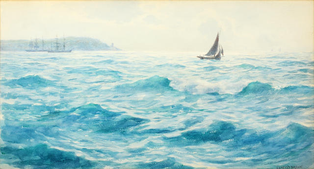 William Ayerst Ingram (British, 1855-1913) Seascape with sailing vessel in foreground