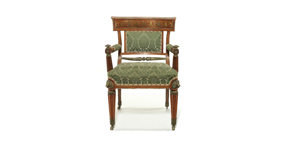 A Regency mahogany and brass inlaid open armchair attributed to R.Edmundson & Sons