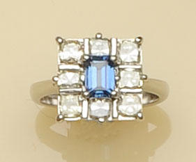 A sapphire and diamond square cluster ring