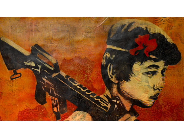 Shepard Fairey (b.1970) Duality of Humanity 2 mixed media on paper Image: 110 by 151 cm. 43 5/16 by 59 7/16 in. This work was executed in 2008.