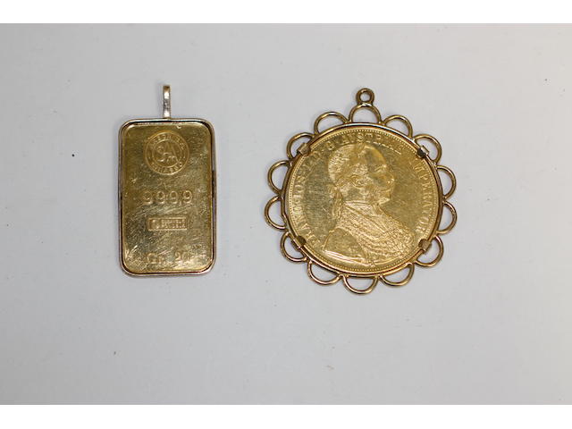 A Swiss 20 gram gold pendant ;together with an Austrian gold coin mounted in pendant, (2)