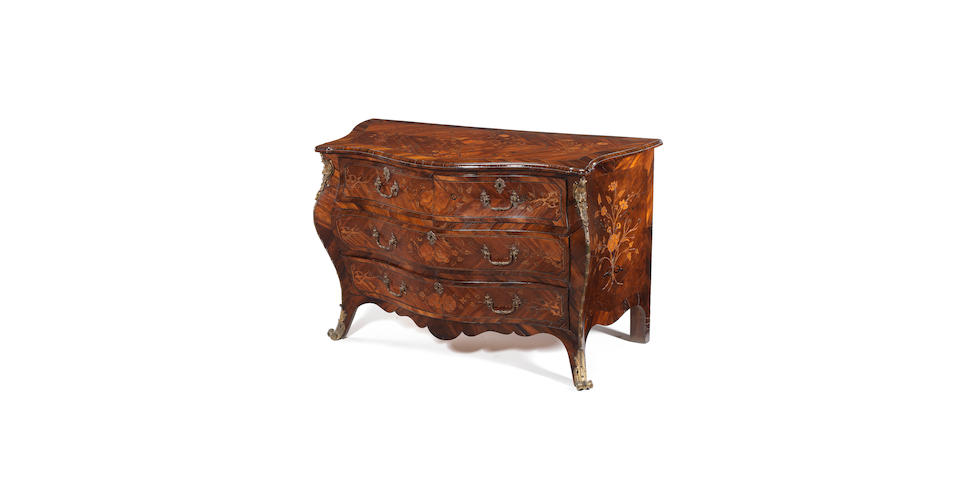 A George III padouk, sabicu and marquetry serpentine commode