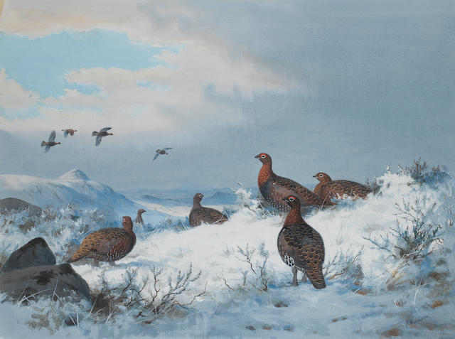 John Cyril Harrison (British, 1898-1985) Grouse in a snowy landscape