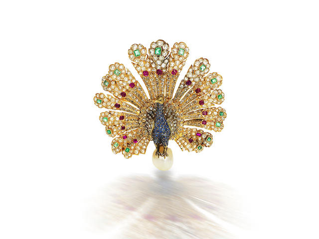 A rare gem-set and diamond peacock brooch, by Gustave Baugrand,