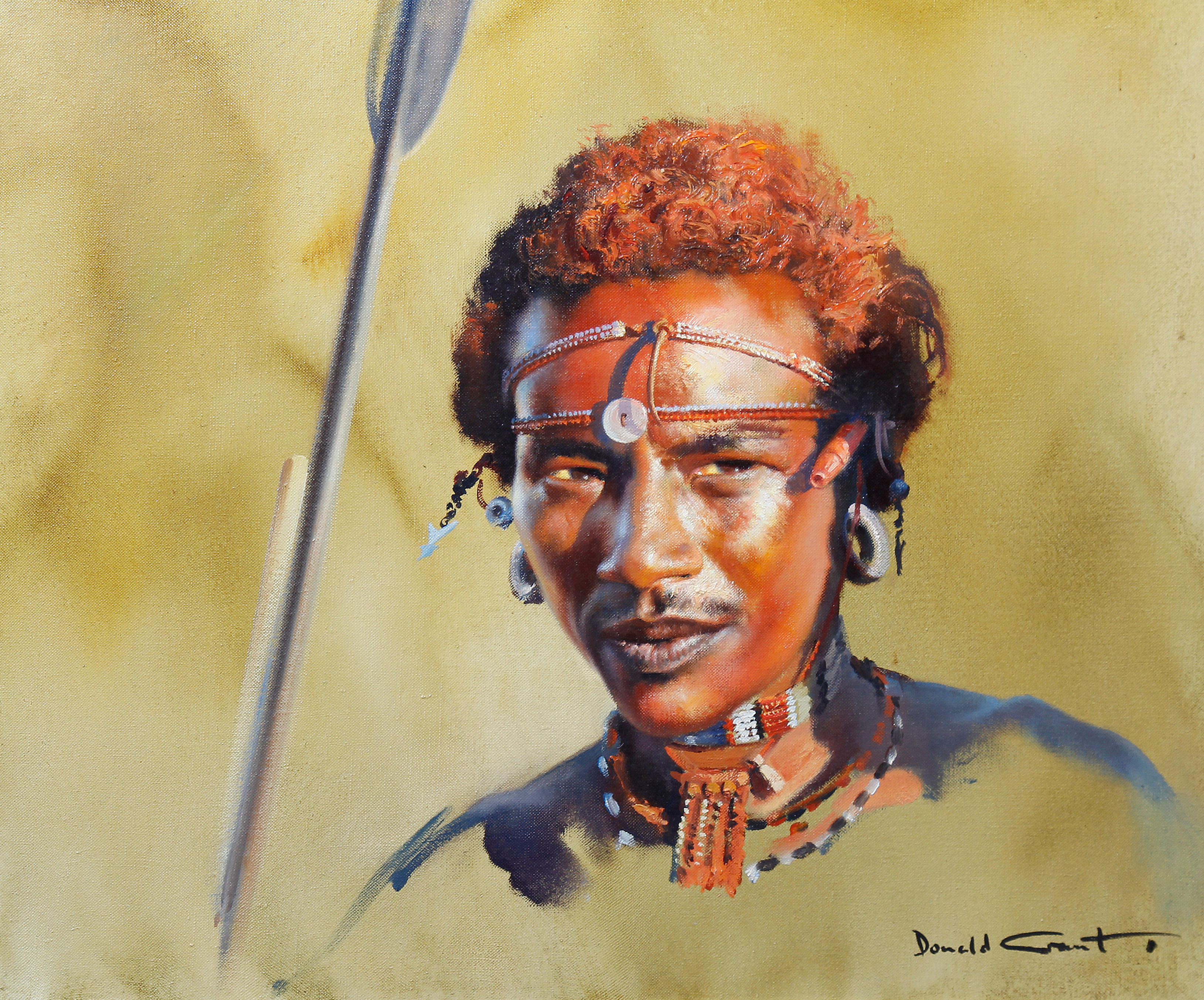 Masai warrior with spear signed 'Donald Grant' (lower right), oil...