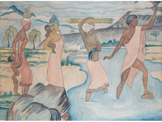 Francois Krige (South African, 1913-1994) Figures crossing a river