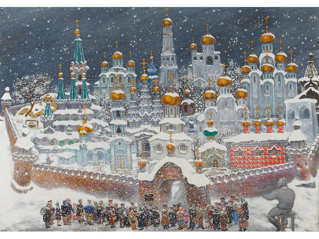 Attributed to Vasily Sitnikov (Russian, 1915-1987) The Kremlin in the snow 28 x 39 3/4in