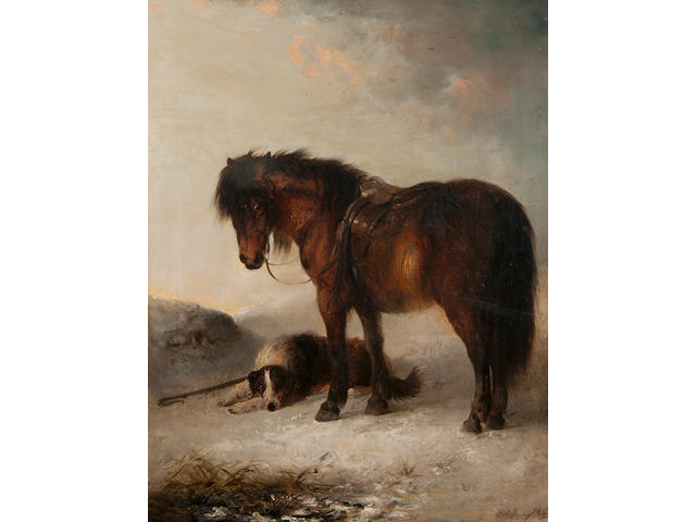 Edward Robert Smythe (British, 1810-1899) Bay pony with sheepdog and crook in the snow