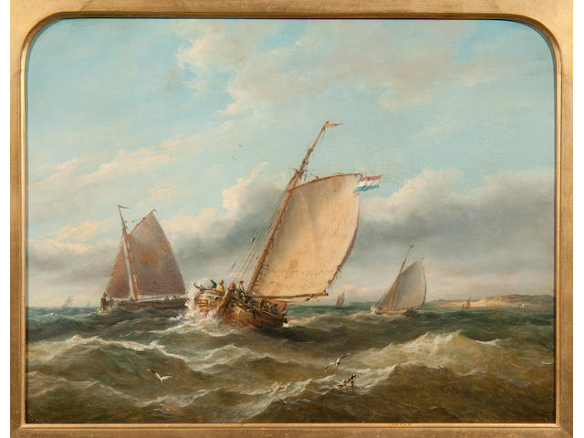 John Moore of Ipswich (British, 1820-1902) Fishing Vessels off a coastline