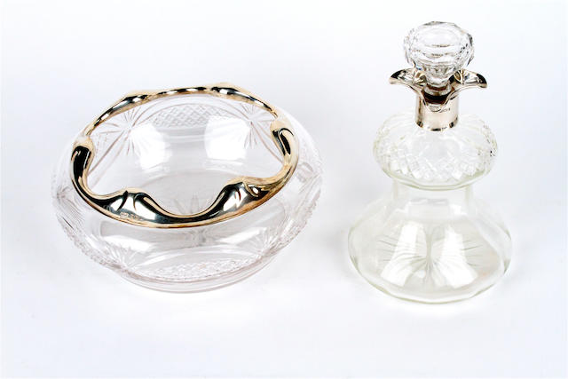 A silver mounted thistle form cut glass decanter and stopper and similar bowl