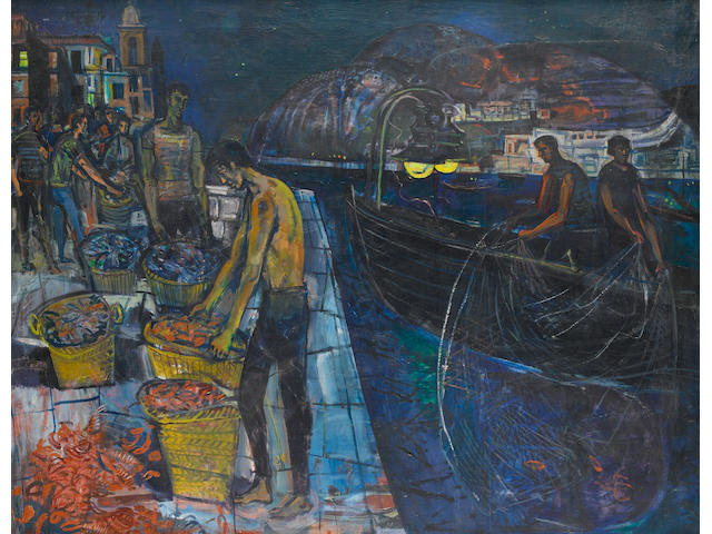 John Minton (British, 1917-1957) Fishermen at Blanes, Spain 120.7 x 150.5 cm. (47 1/2 x 59 1/4 in.)