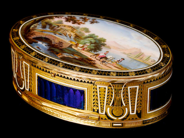A fine gold, enamel and pictorial enamel oval-form Carillion bell case, stamped GG, circa 1805,