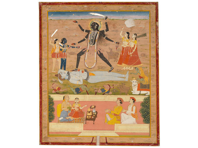 The goddess Kali trampling on Siva, with devotees and supplicants seated on a terrace below Jaipur, circa 1800