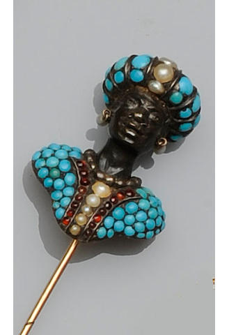 A 19th century turquoise, garnet and pearl blackamoor pin