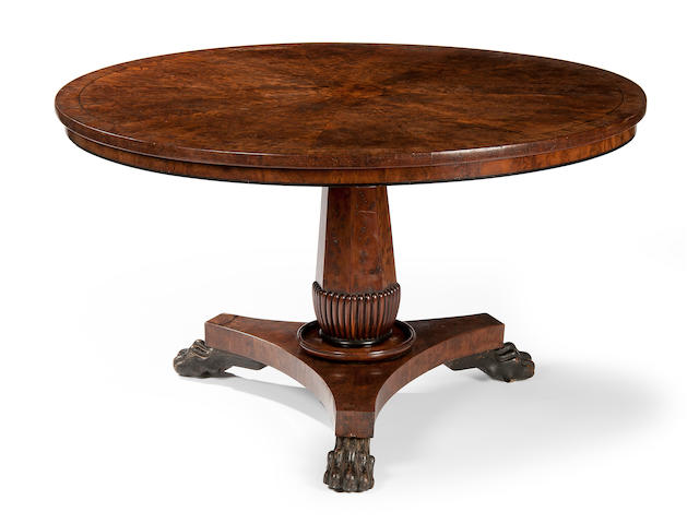 A George IV burr yew centre table in the manner of Gillows