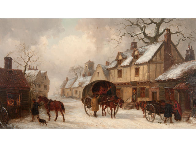 Thomas Smythe (British, 1825-1906) Carts in a village street in the snow, a forge to the left