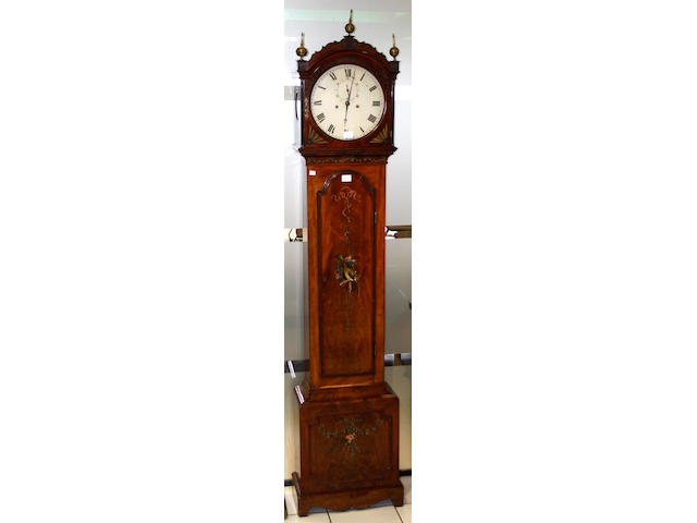 A 19th Century Scottish longcase clock, the 12" painted circular dial with seconds subsidiary at 12'O clock, twin train movement striking on on a bell contained in a decorated painted mahogany case, two brass cased weights, pendulum and winding key, 214cm high overall.