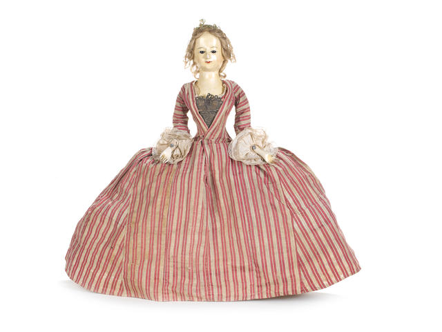 Marianna an important George II English wooden doll in original court mantua , 1747