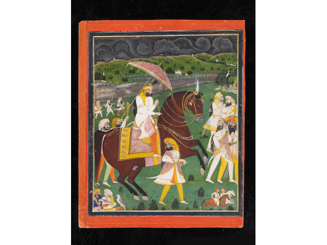 Maharajah Sher Singh (1807-1843) riding out to visit an ascetic, accompanied by a retinue of guards, falconers and other attendants Punjab Plains, circa 1840