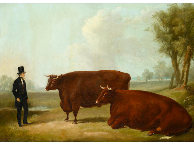 William Henry Davis (British, died 1865) A landowner and two cows in a field