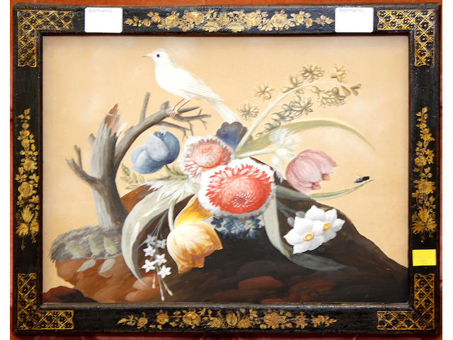 A George III black lacquered and chinoiserie decorated frame,