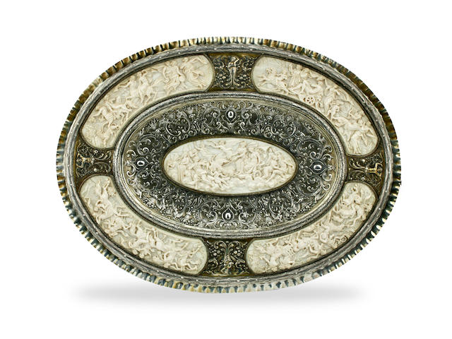 A late 19th century German ivory and silver gilt mounted oval tray by Georg Roth of Hanau, Augsburg marks  (2)