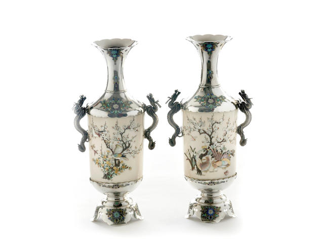 A fine pair of Japanese Shibayama silver, ivory and enamelled vases Meiji period