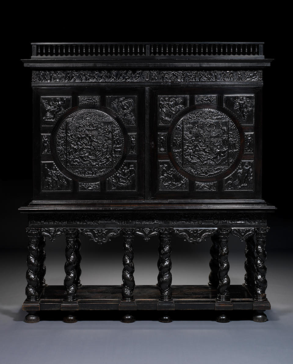 A French 17th century ivory, bone and pewter inlaid ebony, ebonised, fruitwood, giltwood and marquetry cabinetParis, circa 1645