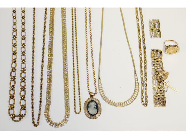 A collection of gold and yellow precious metal jewellery,