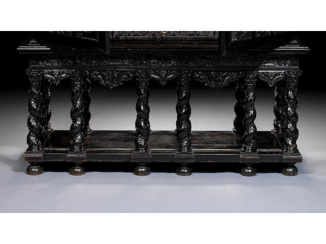 A French 17th century ivory, bone and pewter inlaid ebony, ebonised, fruitwood, giltwood and marquetry cabinetParis, circa 1645