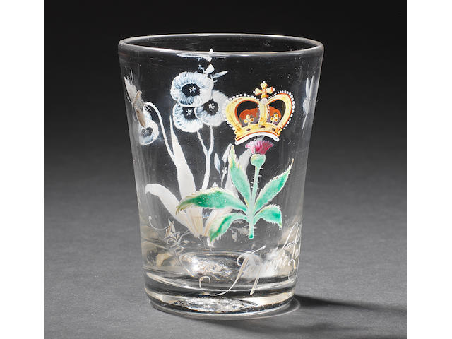A rare and unrecorded Beilby enamelled tumbler with the Order of the Thistle, circa 1765