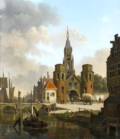 Jan Hendrick Verheyen (Dutch, 1778-1846) Figures in a canalside town