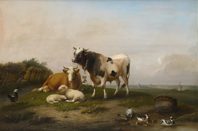 Franz van Severdonck (Belgian, 1809-1889) Cattle, sheep and poultry in a landscape image 1
