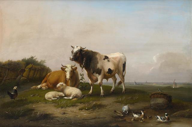 Franz van Severdonck (Belgian, 1809-1889) Cattle, sheep and poultry in a landscape