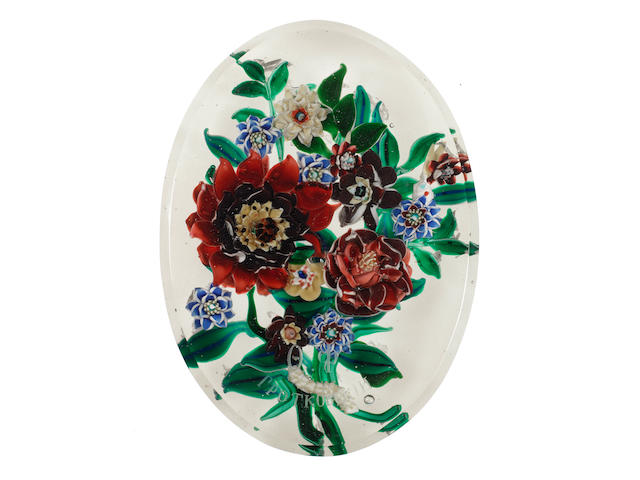 A rare Russian engraved paperweight plaque with floral bouquet, circa 1870-80