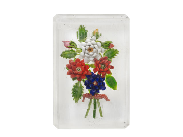 A Russian engraved floral bouquet paperweight plaque, circa 1870-80