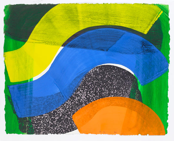 Howard Hodgkin (British, born 1932) Put Out More Flags (Heenk 90) Lift-ground etching with aquatint, with carborundum in colours, with hand colouring in cadmium orange, cobalt blue and cadmium yellow egg temmpera, 1992, on wove, signed with initials, dated and numbered 36/75 in pencil, published by the Modern Art Museum of Fort Worth, Texas, printed and hand coloured by Jack Shirreff at the 107 Workshop, the full sheet printed to the edges, 420 x 524mm (16 1/2 x 20 5/8in)(SH) unframed