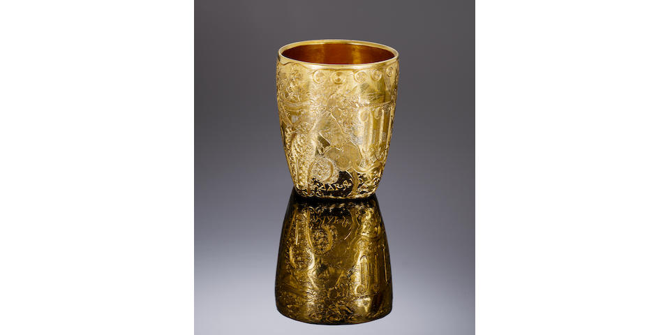 LOUIS OSMAN AND MALCOLM APPLEBY: A unique and important finely engraved 22 carat gold 'Prince of Wales Cup', with mark for Louis Osman, engraved by Malcolm Appleby, London 1970, also with engraved facsimile signature M A APPLEBY,