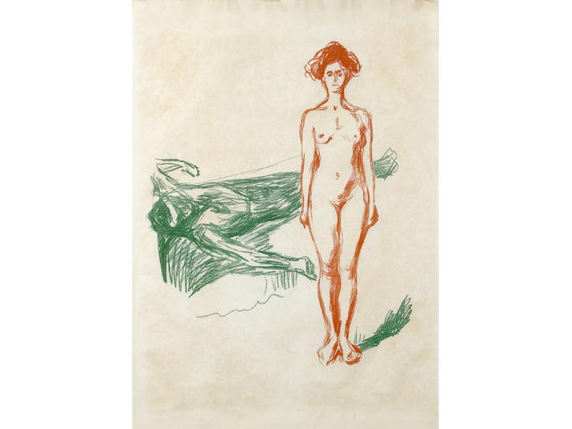 Edvard Munch (Norwegian, 1863-1944) The Death of Marat Lithograph printed in red and green, 1906-7, on laid Japan, signed in pencil, with margins, 583 x 420mm (23 x 16 1/2in)(I)