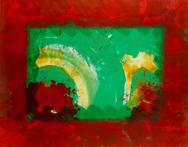 Howard Hodgkin (British, born 1932) Monsoon Lithograph printed in transparent green, red and deep green, with pochoir hand colouring in lemon yellow watercolour and raw Sienna and flame red gouache, 1987-88, on Arches, signed with initials and numbered 51/85 in pencil, hand coloured by Cina Sparling, New York, printed at Solo Press Inc., New York, published by Waddington Graphics, London, 1080 x 1350mm (42 1/2 x 53 1/8in)(SH)