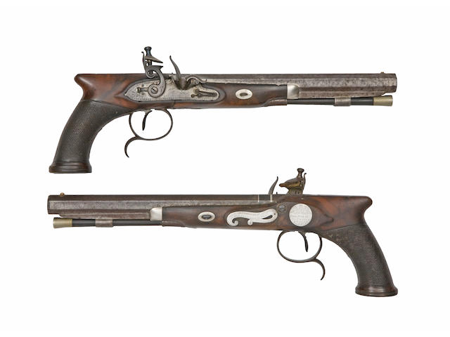 A Rare Cased Pair Of 28-Bore Saw-Handled Flintlock Duelling Pistols Presented To Don Francisco De Sayus From H.R.H. The Prince Regent Of Great Britain