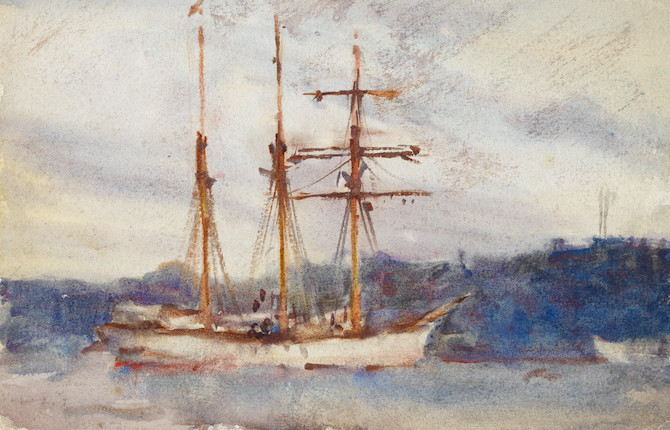 Henry Scott Tuke, RA, RWS (British, 1858-1929) Windjammer in Falmouth Roads; Boats on a calm sea image 7