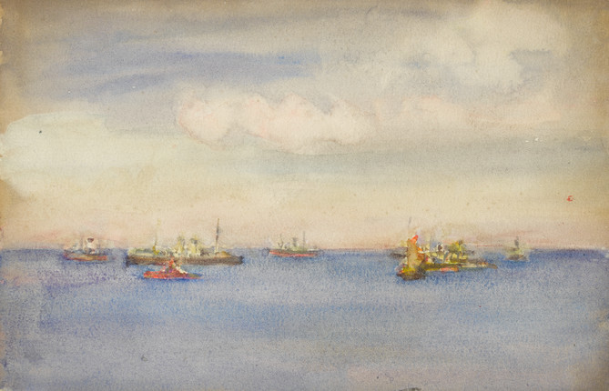 Henry Scott Tuke, RA, RWS (British, 1858-1929) Windjammer in Falmouth Roads; Boats on a calm sea image 6