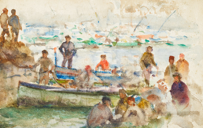 Henry Scott Tuke, RA, RWS (British, 1858-1929) Windjammer in Falmouth Roads; Boats on a calm sea image 4