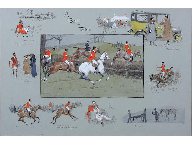 Charlie Johnson Payne, 'Snaffles' (British, 1884-1967) 'A Point To Point.' (rare early version with yellow Rolls Royce) 38 x 57cm In a later mount and a later ebonised frame.