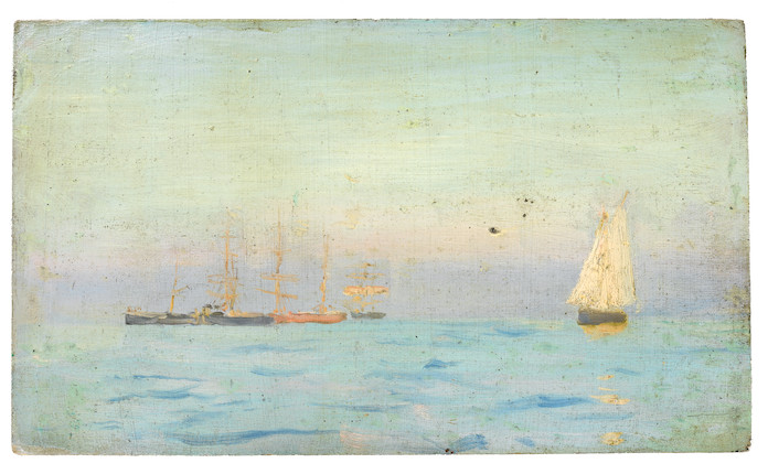Henry Scott Tuke, RA, RWS (British, 1858-1929) Windjammer in Falmouth Roads; Boats on a calm sea image 2