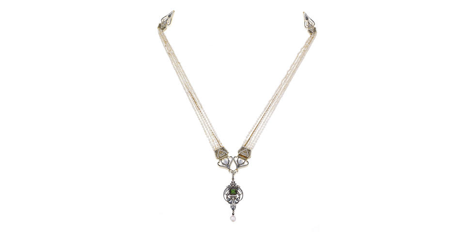 An enamel, seed pearl and gem-set pendant necklace, by Carlo Giuliano,