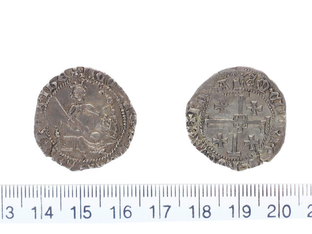 James II AD 1460-1473 AR.Gros Coronation issued (3.44g).Dies A b. + IACOBUS+ DEI+ GRAIA+ XX+ REX+ IHE, king enthroned holding naked sword in right hand and globus cruciger in left, right filed shield containing lion of Cyprus.