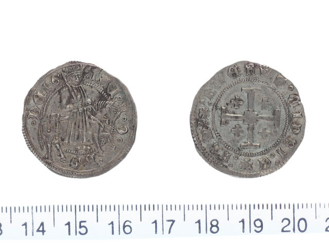 James II AD 1460-1473 AR.Gros.(3.83g).Type E dies A/-. IACOBUS DEI G, James II riding right holding naked sword in right hand over right shoulder.