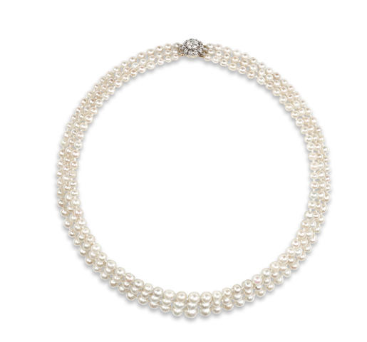 Bonhams : A three-row natural pearl necklace to a late 19th century ...